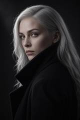 Over-the-shoulder glance in a dark studio