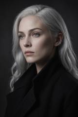 Close portrait of Vesper, silver hair, ice-gray eyes