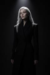 Coat-dress under a hard overhead spotlight