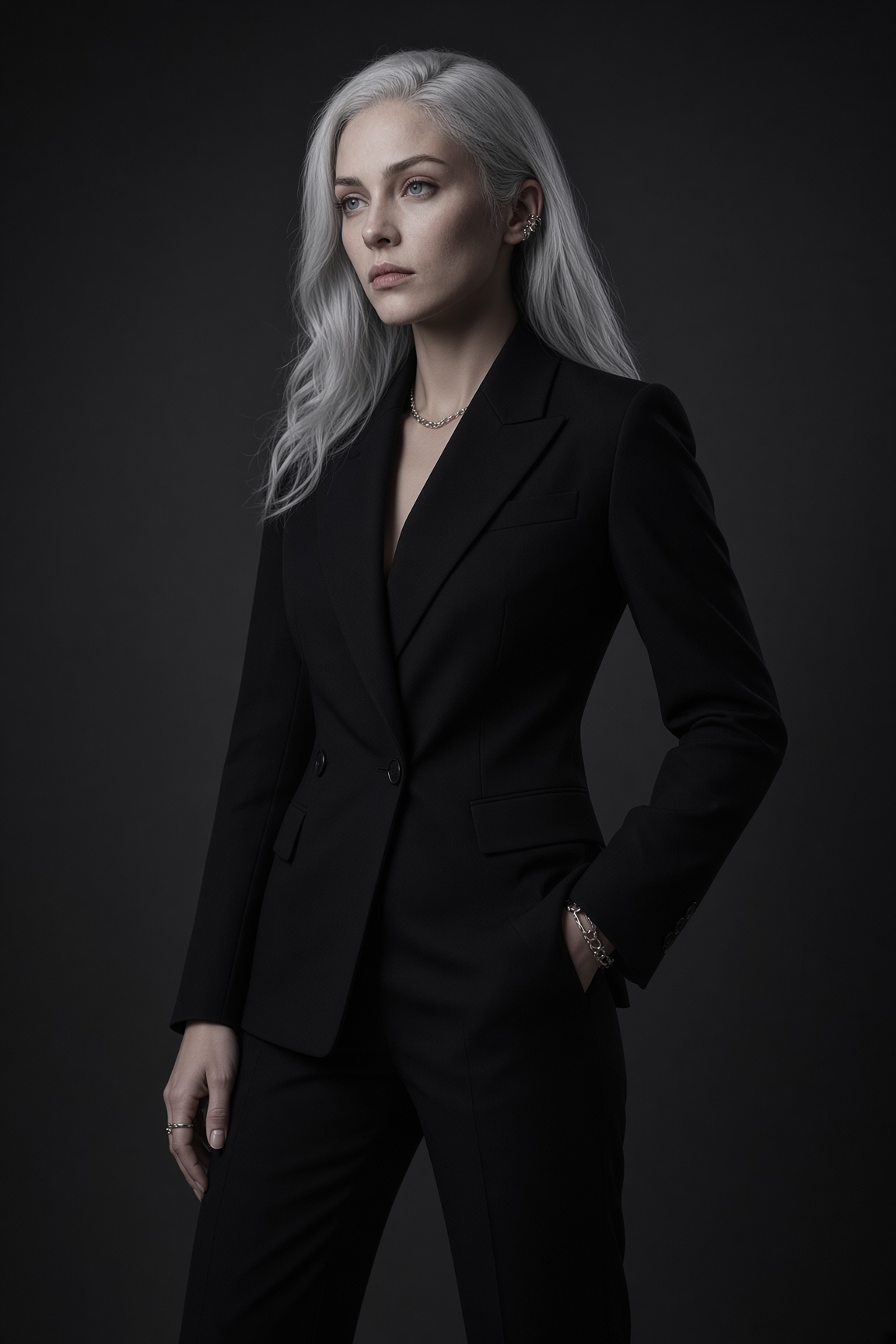 Full-length editorial in a tailored black suit