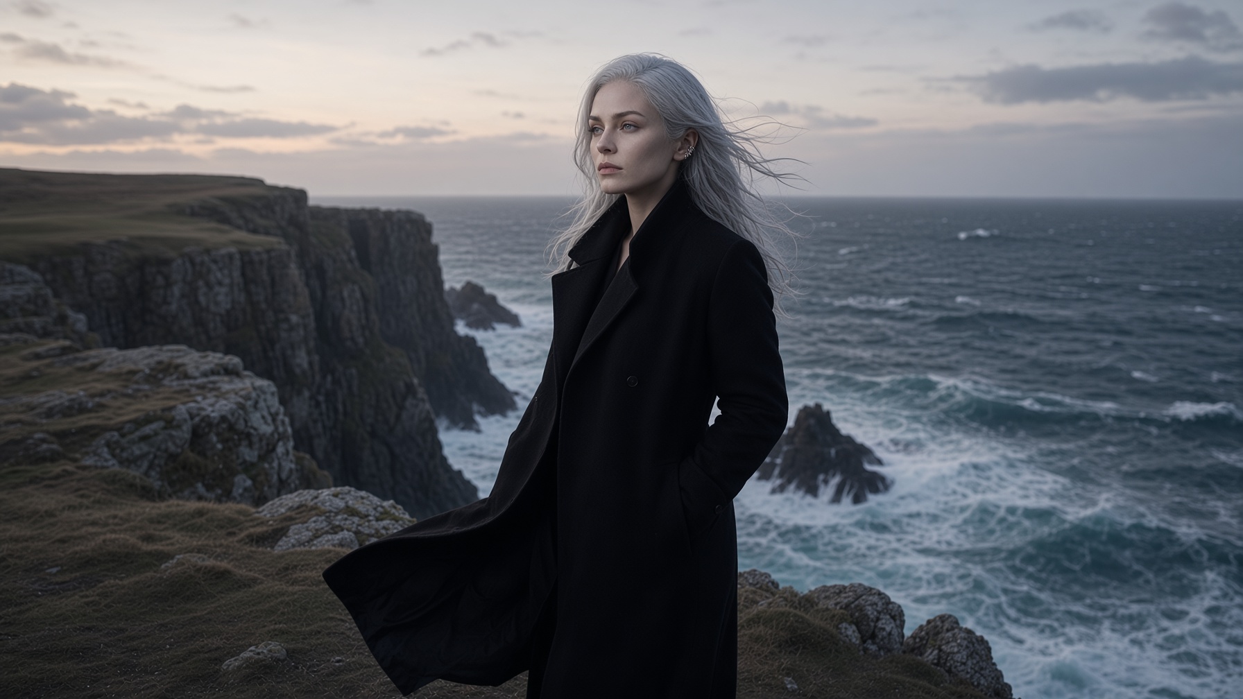 On a cliff at dusk above a dark ocean